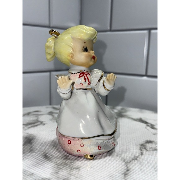 vintage Lefton Shopper Girl Figurine Blonde White Dress Japan - Picture 7 of 10